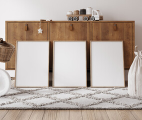 mock up frame in children room with natural wooden furniture, 3d render