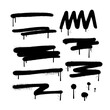 Spray painted lines, zigzag and grunge dots set. Paint splatter circle shapes, messy urban graffiti drawing strokes and dirty street art texture. Black dot print and splattered line. Isolated vector