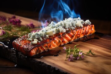 Sticker - cedar plank with blue cheese and grill flames underneath