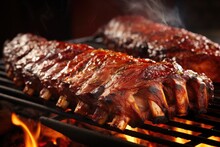 Close-up Of Juicy Bbq Ribs On A Grill