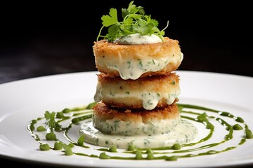 Sticker - crab cakes garnished with parsley and tartar sauce