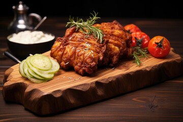 Sticker - garnished fried chicken on a wooden board