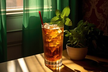 Wall Mural - sunlit glass of ice tea with mint leaves and straw