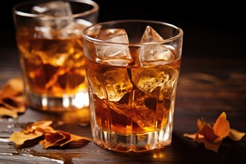 Wall Mural - tea-infused ice cubes melting in a glass of water