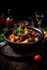 Wall Mural - A bowl of comfort: tender beef stew, garnished with flavorful potatoes, served on a welcoming table. 🍲🥩🥔✨