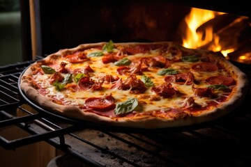 Poster - baking homemade pizza in a hot oven