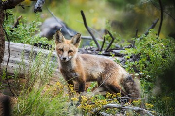 Sticker - Lone fox strolling through a lush forest, with tall trees and vibrant greenery surrounding it