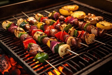 Wall Mural - skewers with grilled vegetables and mushrooms on bbq
