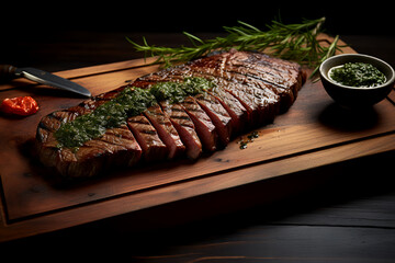 Wall Mural - A feast for the eyes: grilled steak beautifully presented on a rustic wooden board, adorned with dark green and light crimson accents. 🥩🍃❤️✨