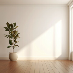An empty white room with a wooden floor and a potted plant