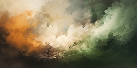 Abstract oil painting of a cream and beige dust colored paint colliding with a dark forest green paint gradient in the bottom of the image, heavy brushstrokes