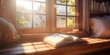 © Jing - An inviting reading nook by a window, sun rays illuminating a stack of books, peaceful and warm, photorealistic