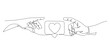 Hands reach for like in form of heart, in pursuit of public popularity in social networks, continuous line drawing, concept vector illustration