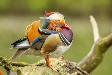 Poster - Close-up of a beautiful Mandarin duck perched on a sturdy tree branch