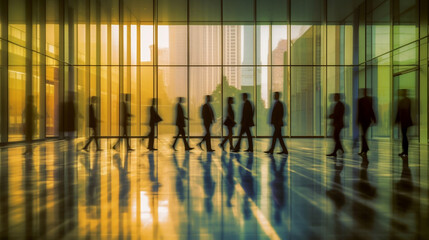 Wall Mural - Silhouette image of business people crowd walking in a modern building's hall with big window. In style of abstract and motion blur.