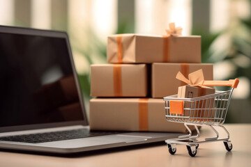 Wall Mural - Tiny orange color shopping cart, parcels boxes and laptop computer with blurred background, delivery service, e-commerce, online shopping and marketplace concept.