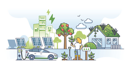 Sustainable living with ecological environmental lifestyle outline concept. Nature friendly urban gardening and electric vehicle usage as responsible life vector illustration. Solar power for home.