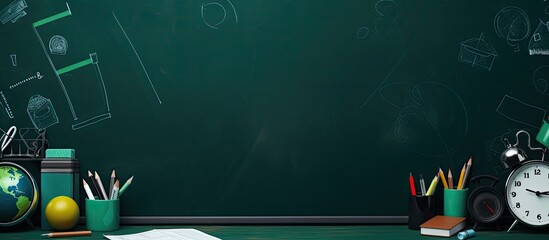 Fototapete - Planning for a mock-up with space to write ideas on a dark green background. Back to school banner for