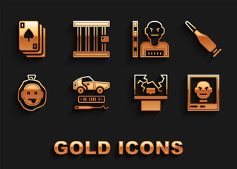 Sticker - Set Car theft, Bullet, Wanted poster, Broken window, Murder, Suspect criminal, Playing cards and Prison icon. Vector