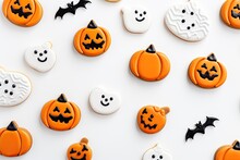 Homemade Halloween Cookies On A White Background, Top View. With Generative AI Technology