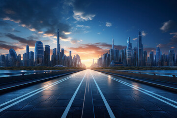 Poster - empty road with city background.