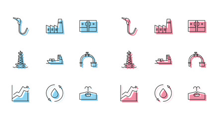 Poster - Set line Oil price increase, drop, Gasoline pump nozzle, Oilfield, tanker ship, Industry pipe and valve, rig with fire and industrial factory building icon. Vector