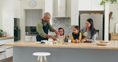 Wall Mural - Family, kitchen and baking with kids and parent care for learning in a home. Cooking, mom and children together in a house with food, teaching and development with support and love mixing ingredients