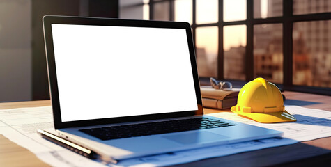Digital design through architectural design software on transparent laptop screen with documents and design plan on office desk - technology and traditional design method.