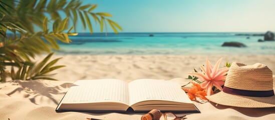 Poster - blank writing book with summer beach accessories on a background and plenty of space for writing