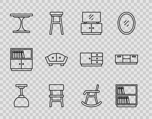 Sticker - Set line Lamp hanging, Library bookshelf, TV table stand, Chair, Round, Sofa, Armchair and Furniture nightstand icon. Vector