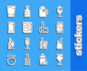 Sticker - Set line Wine glass, Cocktail, Beer can, Wooden beer mug, Glass of whiskey, Shot, and Whiskey bottle and icon. Vector