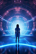 Young woman in virtual reality. Holograms, meta verse. Artificial intelligence.Virtual reality, future technology, neon light. Digital Technology NFT game. Holograms. Generative AI
