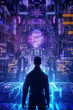 Young man in virtual reality. Holograms, meta verse. Artificial intelligence.Virtual reality, future technology, neon light. Digital Technology NFT game. Holograms. Generative AI