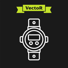 Sticker - White line Diving watch icon isolated on black background. Diving underwater equipment. Vector