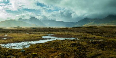 Canvas Print - a body of water sitting below a lush green hill side