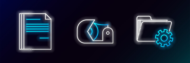 Sticker - Set line Folder settings with gears, File document and Scotch icon. Glowing neon. Vector