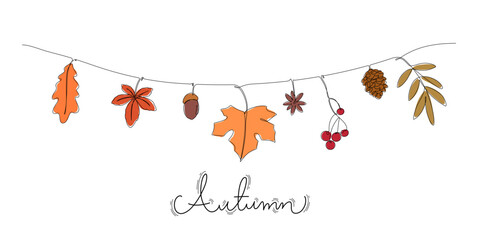 Wall Mural - continuous line drawing colored of autumn leaves wall decorated hanging string vector