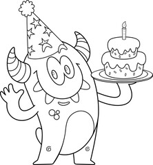 Wall Mural - Outlined Funny Monster Cartoon Character Wearing A Party Hat And Holding A Birthday Cake. Vector Hand Drawn Illustration Isolated On Transparent Background
