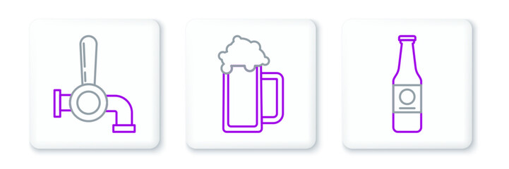 Poster - Set line Beer bottle, tap and Glass of beer icon. Vector