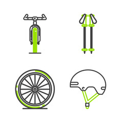 Poster - Set line Helmet, Bicycle wheel, Ski poles and icon. Vector