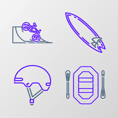 Sticker - Set line Rafting boat, Helmet, Surfboard and Bicycle on street ramp icon. Vector