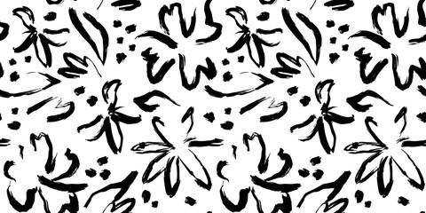 Wall Mural - Black and white hand drawn flower art seamless pattern illustration. Acrylic paint nature floral background in vintage art style. Spring season painting print.