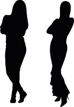  Vector Illustration Of Two Fashion Models In Silhouette. The Silhouettes Are Black On A White Background And Show The Style And Elegance Of The Models.