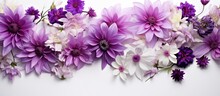 A White Background With A Collection Of Purple Flowers And Space For Text. This Represents The Idea