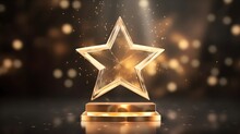 Award Ceremony Background And 3d Gold Luxury Star Element On The Podium And Glitter Light Effects Decorations And Bokeh, Created With Generative AI Technology.