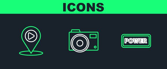 Sticker - Set line Power button, Digital media play with location and Photo camera icon. Vector