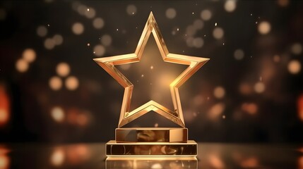 Wall Mural - Award ceremony background and 3d gold luxury star element on the podium and glitter light effects decorations and bokeh, created with Generative AI technology.