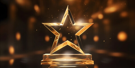 Wall Mural - Award ceremony background and 3d gold luxury star element on the podium and glitter light effects decorations and bokeh, created with Generative AI technology.