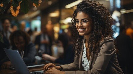 In a technological corporate office, a Middle Eastern woman uses a computer..
