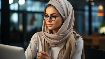 In a technological corporate office, a Middle Eastern woman uses a computer..